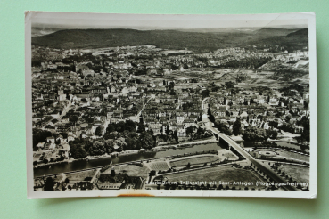 Postcard aerial view PC Saarbruecken 1940 streets houses Town architecture Saarland